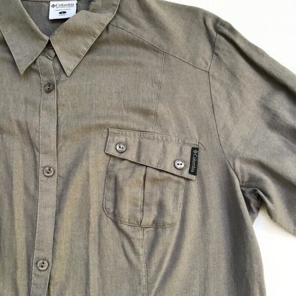 Columbia Casual Button Up Shirt Women's Large Gray Linen Roll Tab Sleeve Pockets - Picture 5 of 9